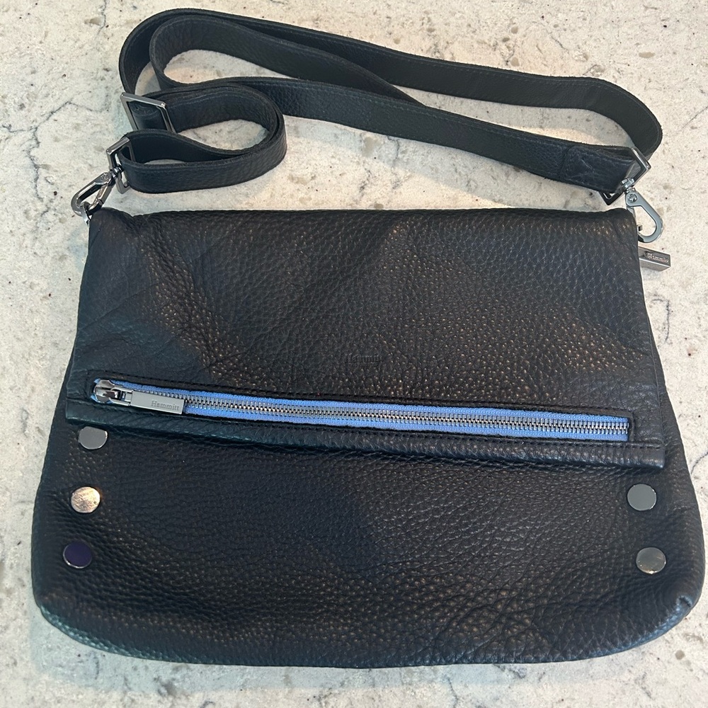 Hammitt VIP Large Black Leather with Skylight Blue Zipper